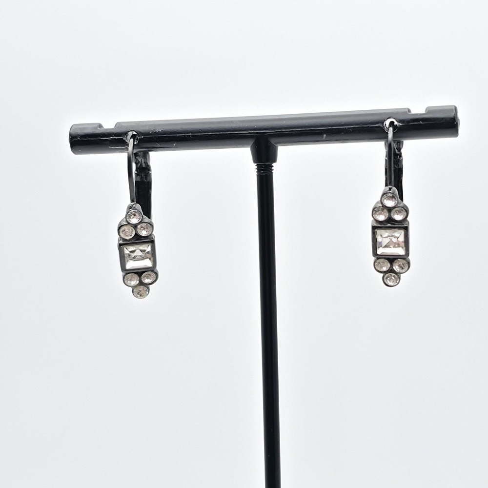 Vtg BERE0 Drop Earrings Art Deco Black Enamel Clear Crystals Signed 1" FREE $HIP